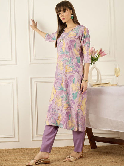Floral Printed Thread Work Pure Cotton Kurta With Palazzos