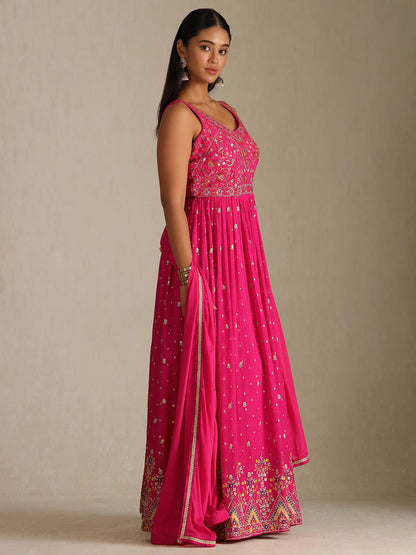 Dhiyona SO Women's Floral Embroidered V-Neck Sequinned Anarkali Kurta With Leggings & Dupatta