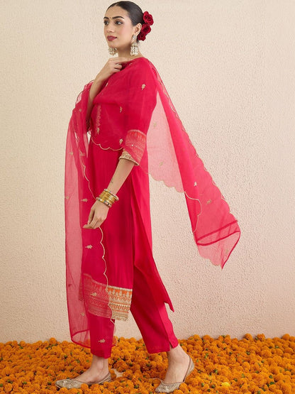 Women Ethnic Motifs Embroidered Regular Thread Work Kurta with Trousers & With Dupatta