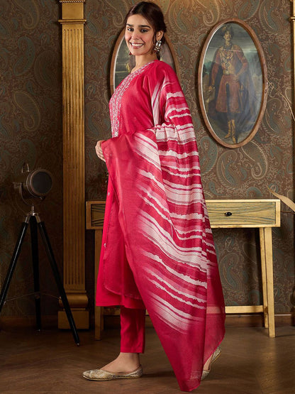 Floral Embroidered Thread Work Straight Kurta With Trousers And Dupatta