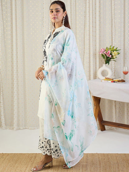 Floral Embroidered Thread Work Pure Cotton Kurta With Palazzos & Dupatta