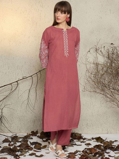 Dhiyona IE Women Embroidered Boat Neck Cotton Top and Trousers Co-Ords