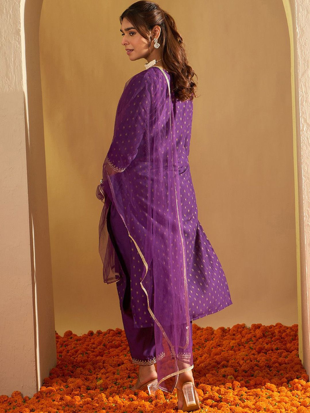 Ethnic Motifs Printed Straight Sequinned Kurta with Trousers & Dupatta