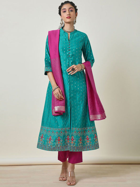 Dhiyona SO Women's Alina Cut Woven Design Mandarin Collar Thread Work Chanderi Silk Kurta &Trouser & Dupatta