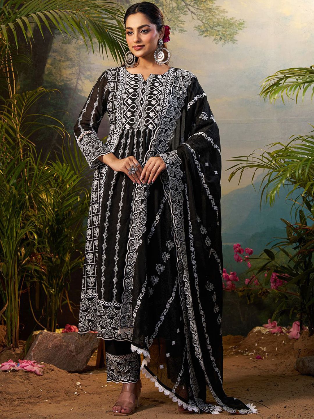 Dhiyona IE Women Floral Embroidered Cotton Kurta with Trousers & Dupatta