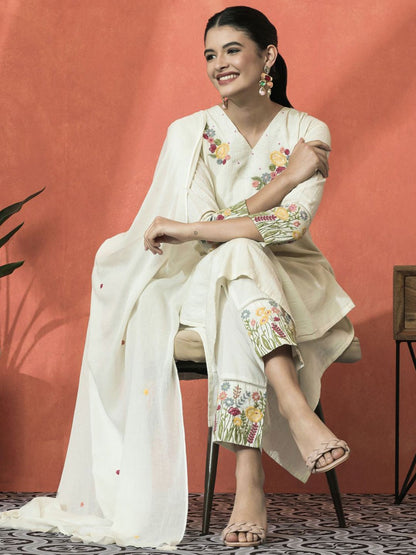 Dhiyona SN Women's Floral Embroidered V-Neck Sequinned Cotton Straight Kurta With Trouser & Dupatta