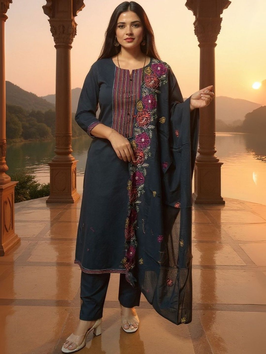 Dhiyona IE Geometric Yoke Design Thread Work Pure Cotton Kurta & Trousers With Dupatta