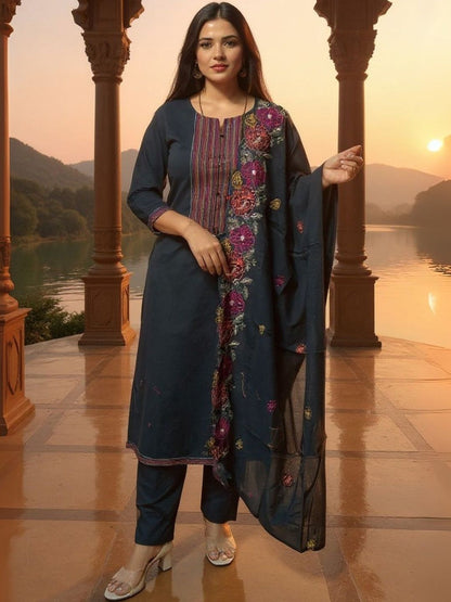 Geometric Yoke Design Thread Work Pure Cotton Kurta & Trousers With Dupatta