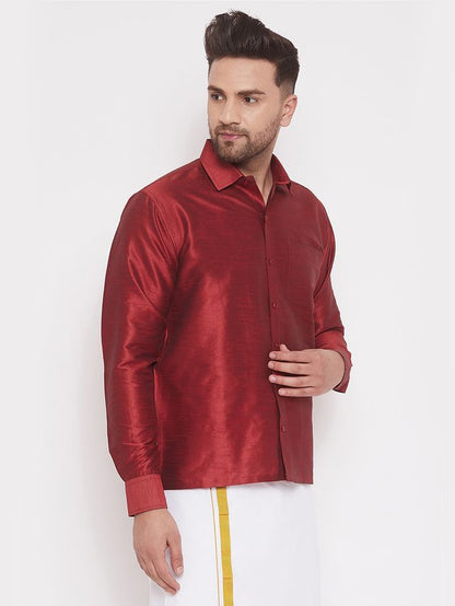 Men's Maroon Silk Blend Straight Ethnic Shirt