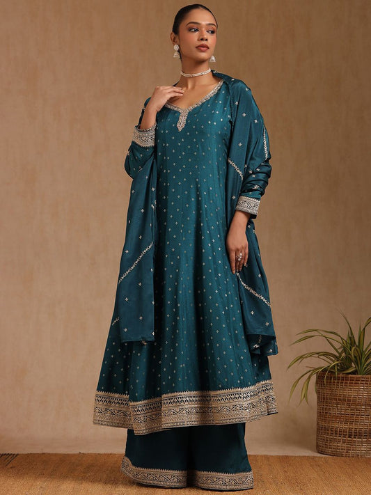 Dhiyona SO Women's Women Floral Sequinned Regular Zardozi Anarkali Suit with Palazzos & Dupatta