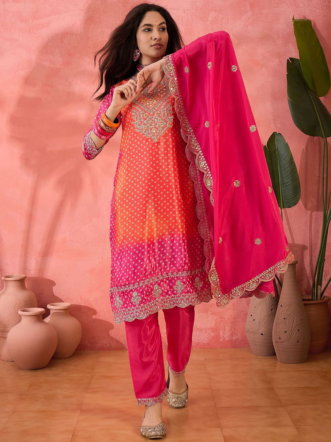 Dhiyona SN Women's Bhandani Printed Round Neck Straight Kurta With Trousers And Dupatta