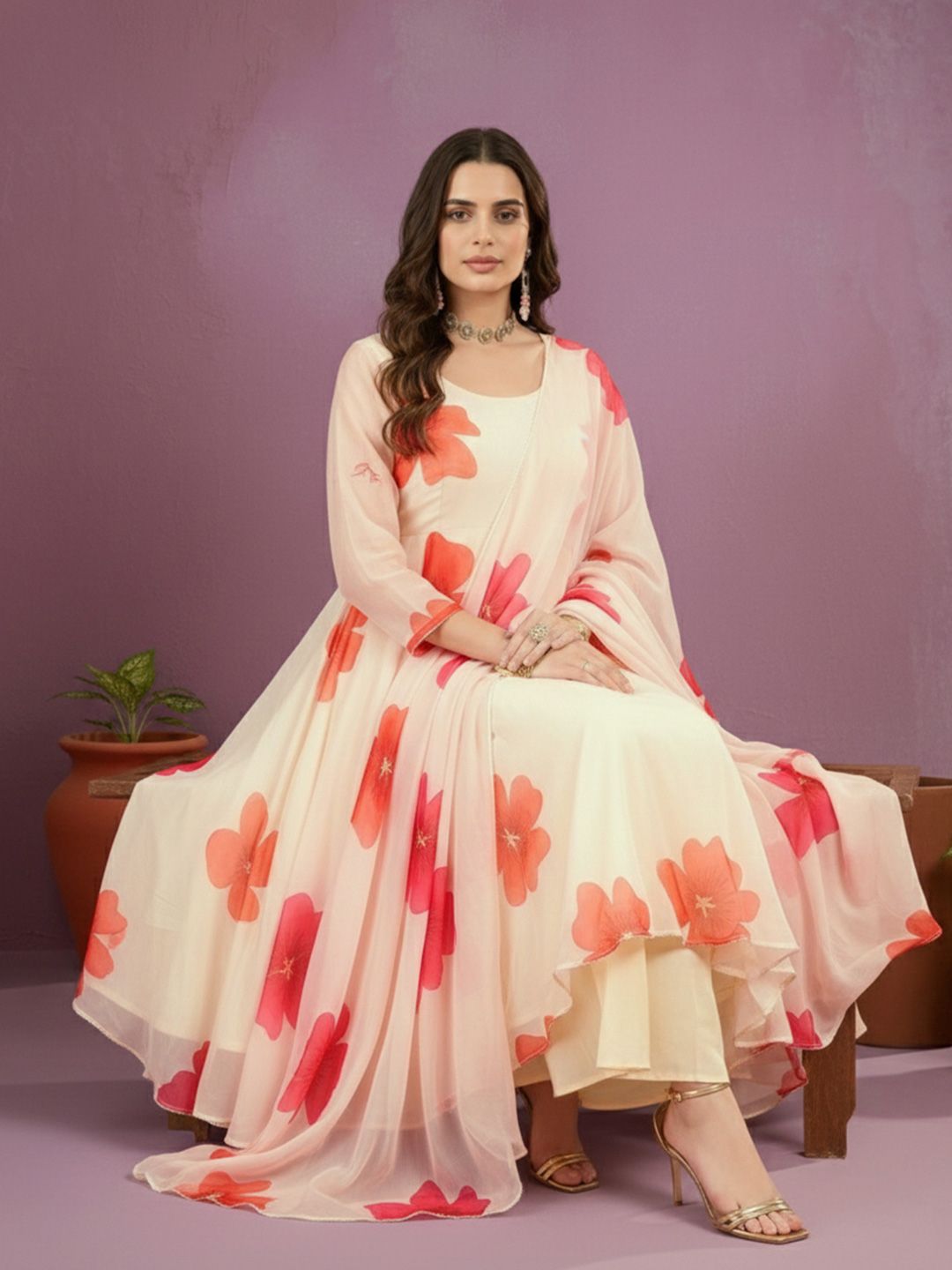 Dhiyona CH Women Floral Printed Panelled Kurta with Palazzos & With Dupatta
