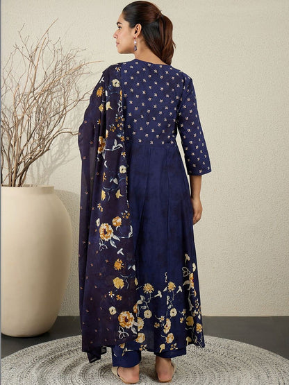 Women Floral Printed Panelled Thread Work Pure Cotton Kurta with Trousers & With Dupatta