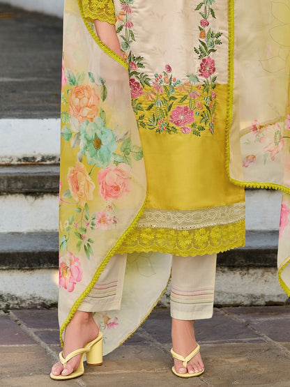 Floral Embroidered Mirror Work Straight Kurta With Trousers & Dupatta