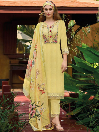 Dhiyona IE Yellow Floral Embroidered Thread Work Pure Cotton Kurta with Trouser & Dupatta