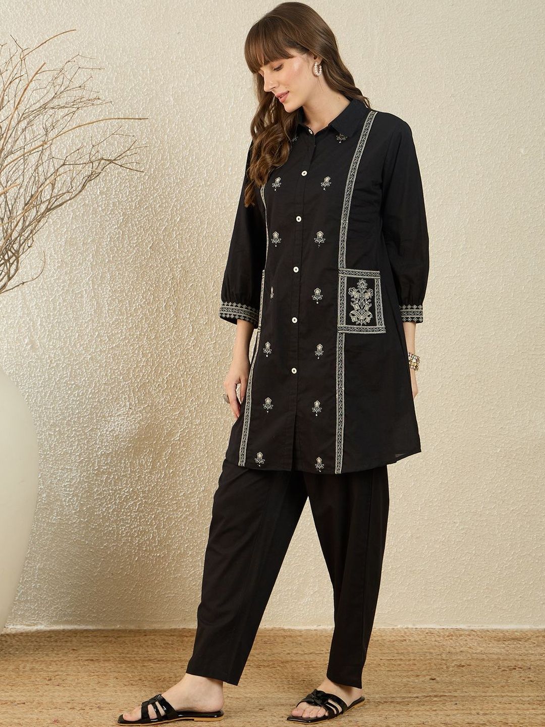 Dhiyona IE Women Ethnic Motifs Embroidered Regular Thread Work Pure Cotton Kurta with Trousers