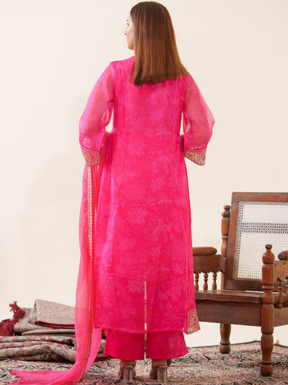 Dhiyona PD Women Floral Embroidered V-Neck Organza A-Line Kurta With Trousers & Dupatta