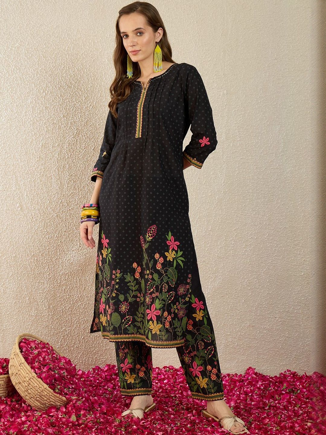 Floral Printed Thread Work Pure Cotton Straight Kurta With Trousers