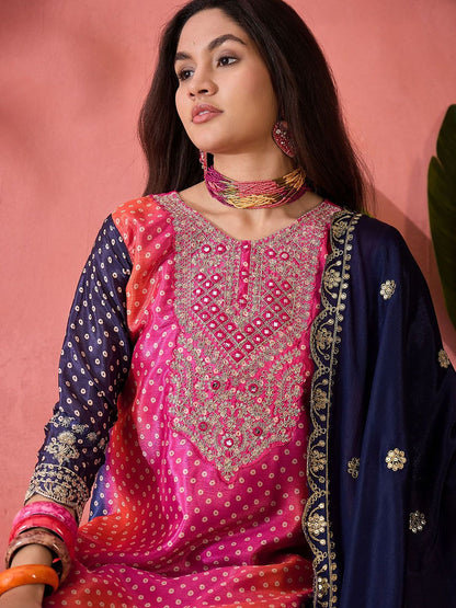 Dhiyona SN Women's Bandhani Printed with Embroidered Kurta With Trousers & Dupatta