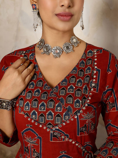 Dhiyona SN Women's Printed Pure Cotton Flared V-Neck Anarkali Kurta & Palazzo With Dupatta