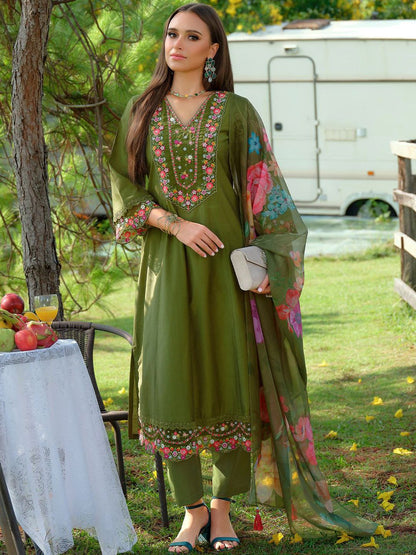 Women Floral Embroidered Thread Work Liva Kurta with Trousers & With Dupatta