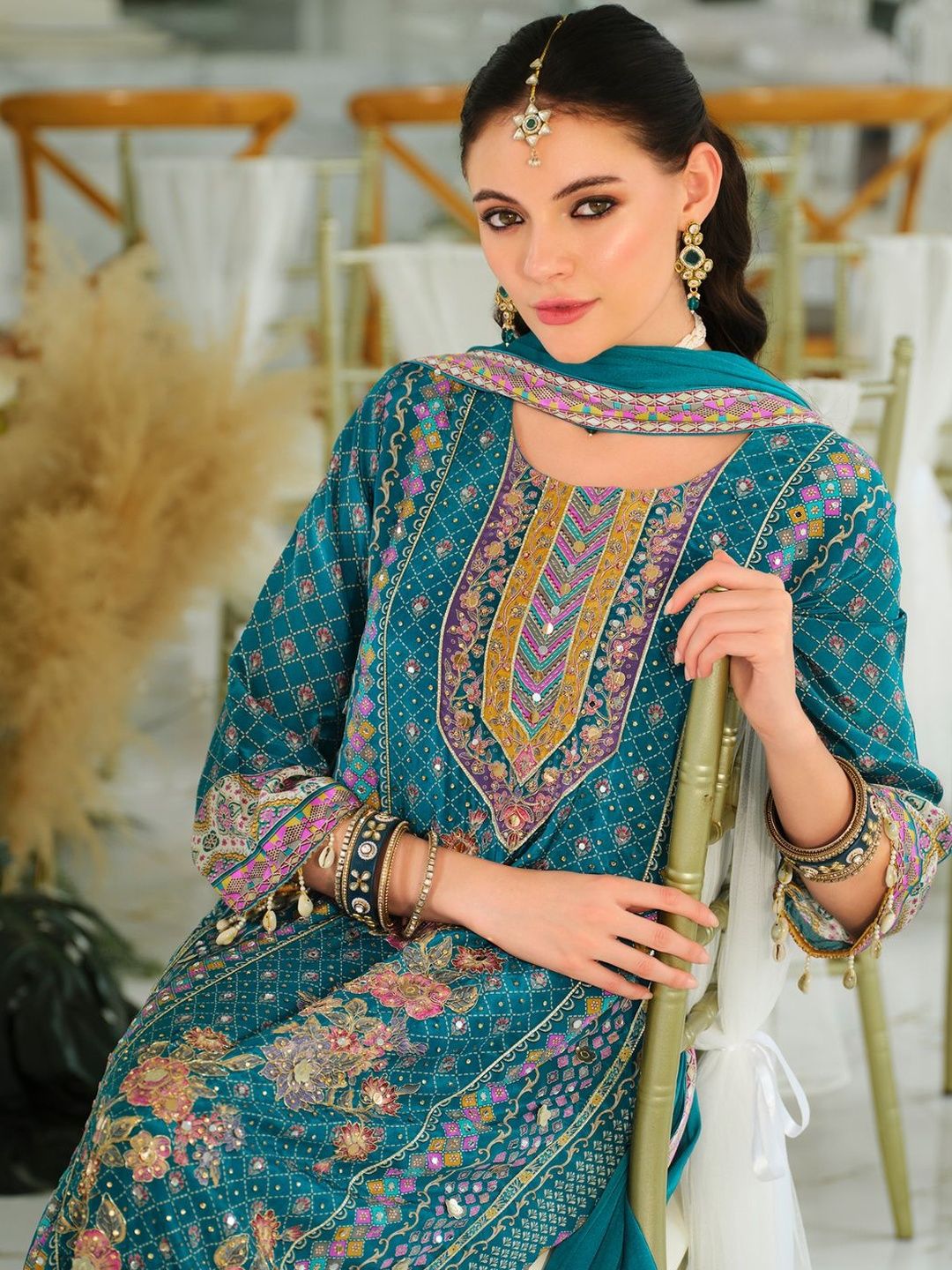 Dhiyona IE Ethnic Motifs Printed Mirror Work Pure Silk A-Line Kurta & Palazzos With Dupatta