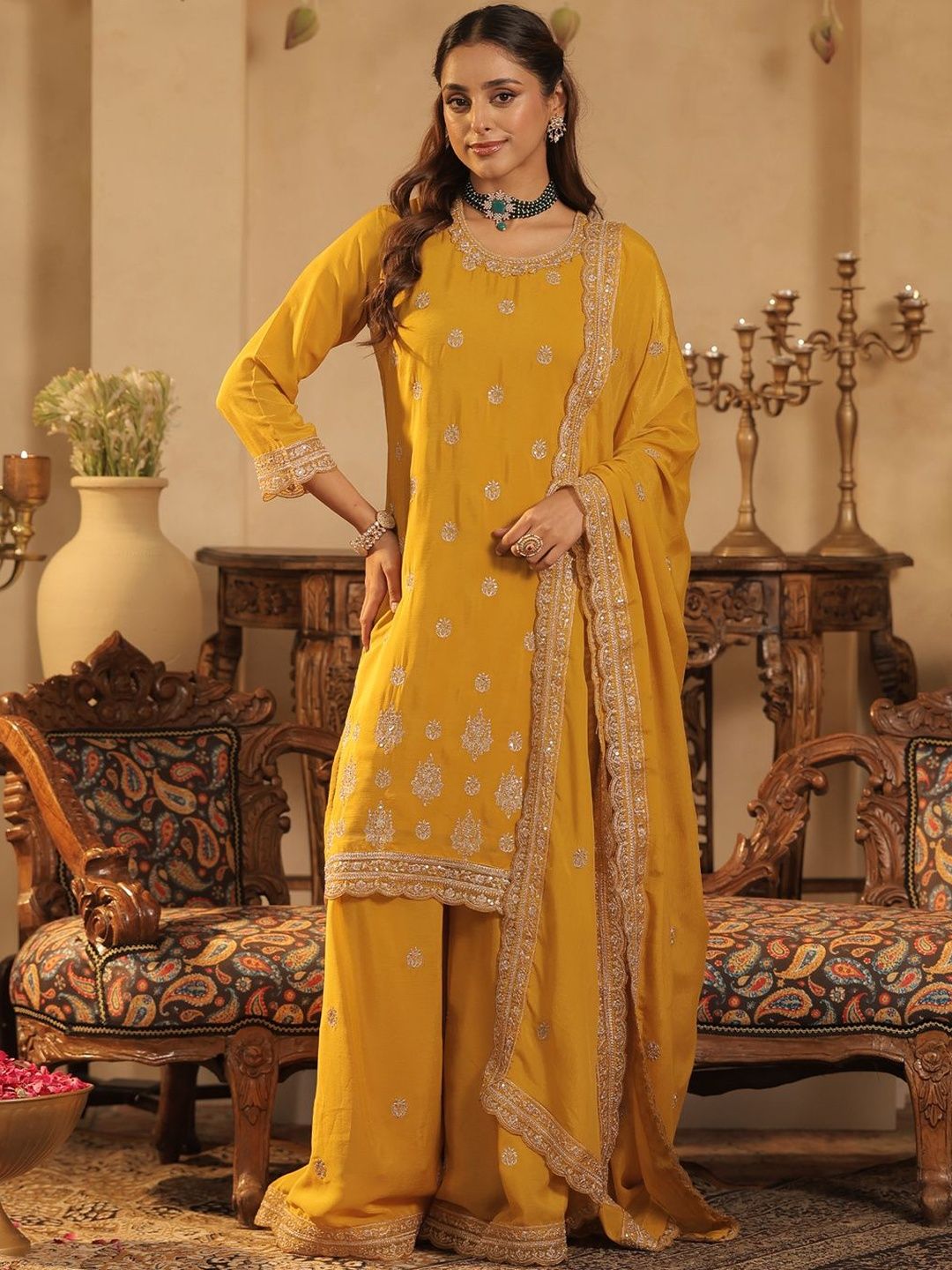 Dhiyona IE Women Ethnic Motifs Embroidered Regular Sequinned Kurta Set With Dupatta