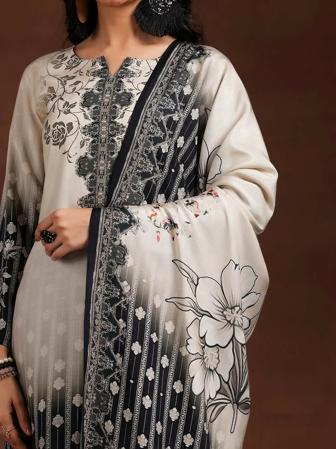 Women's LB Monochrome Printed Silk Blend Straight Suit With Dupatta