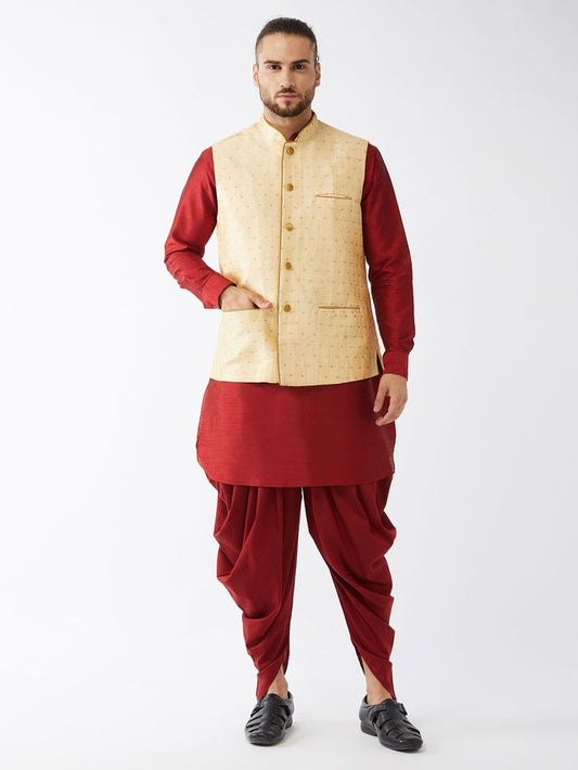 Men's Maroon Silk Blend Straight Jacket  Kurta and Dhoti Set