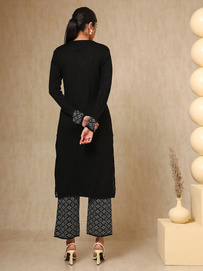 Dhiyona SO Women's Black Geometric Woven Design Mandarin Collar Acrylic Straight Kurta With Trouser