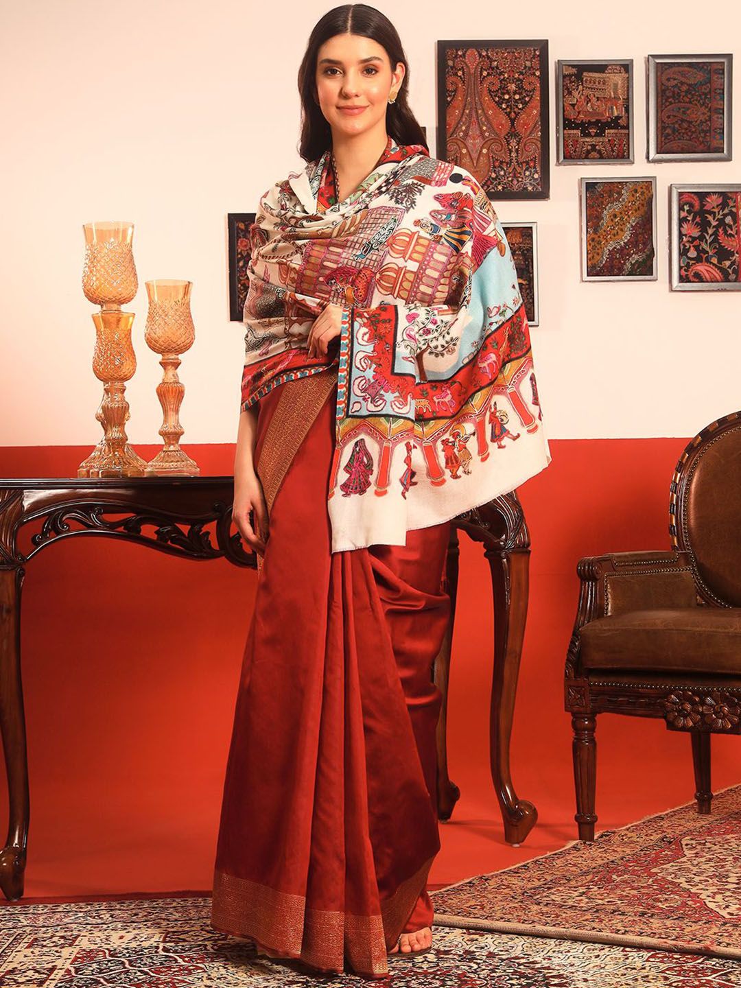 Dhiyona PA Ethnic Motifs Woven Design Naqqashi Pure Wool Kalamkari Shawl