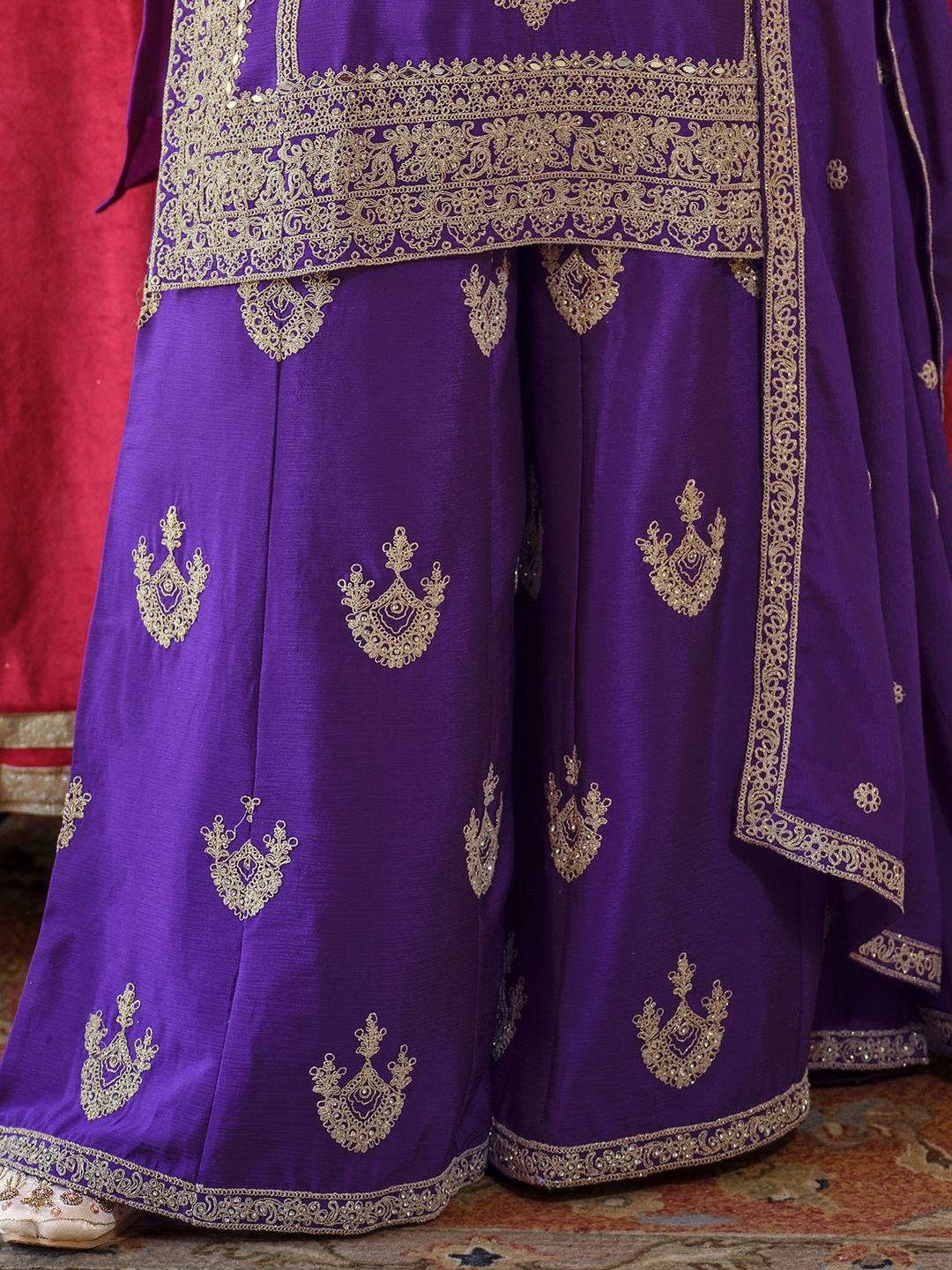 Ethnic Motifs Embroidered Chinon Beads And Stones Kurta With Palazzos & Dupatta