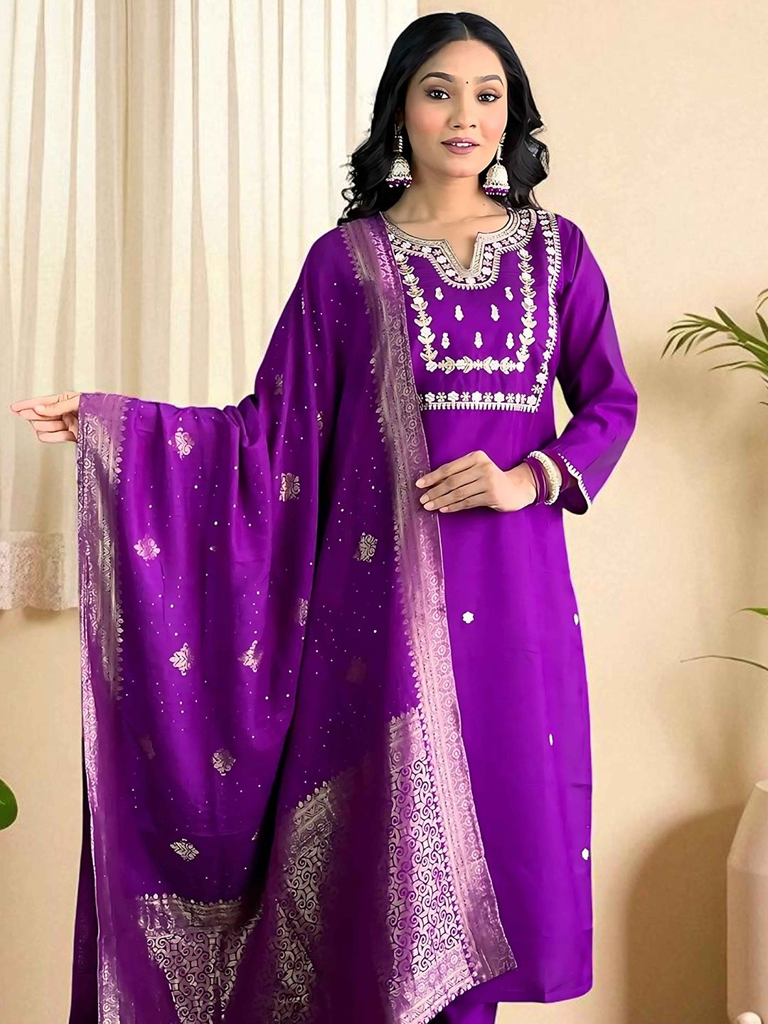 Dhiyona SN Women's Embroidered Pure Cotton Kurta & Trousers With Dupatta