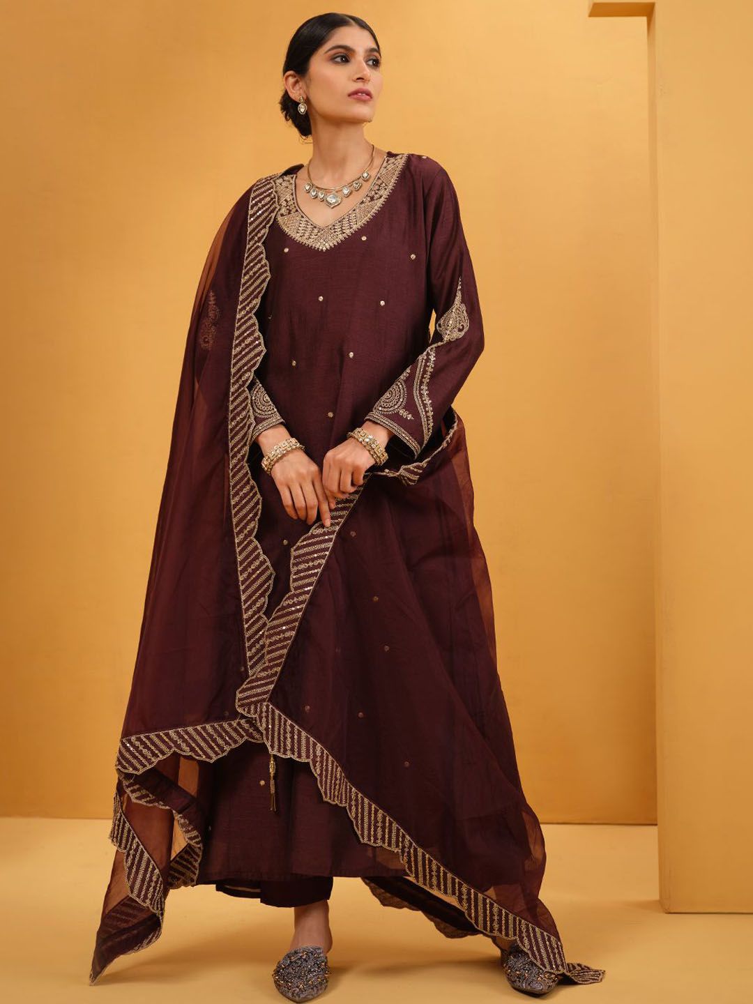 Dhiyona IS Women's Floral Embroidered Thread Work Anarkali Kurta With Trousers & Dupatta