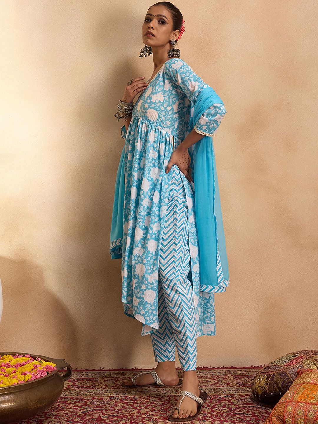 Floral Printed Empire Mirror Work Pure Cotton Kurta with Trousers & With Dupatta
