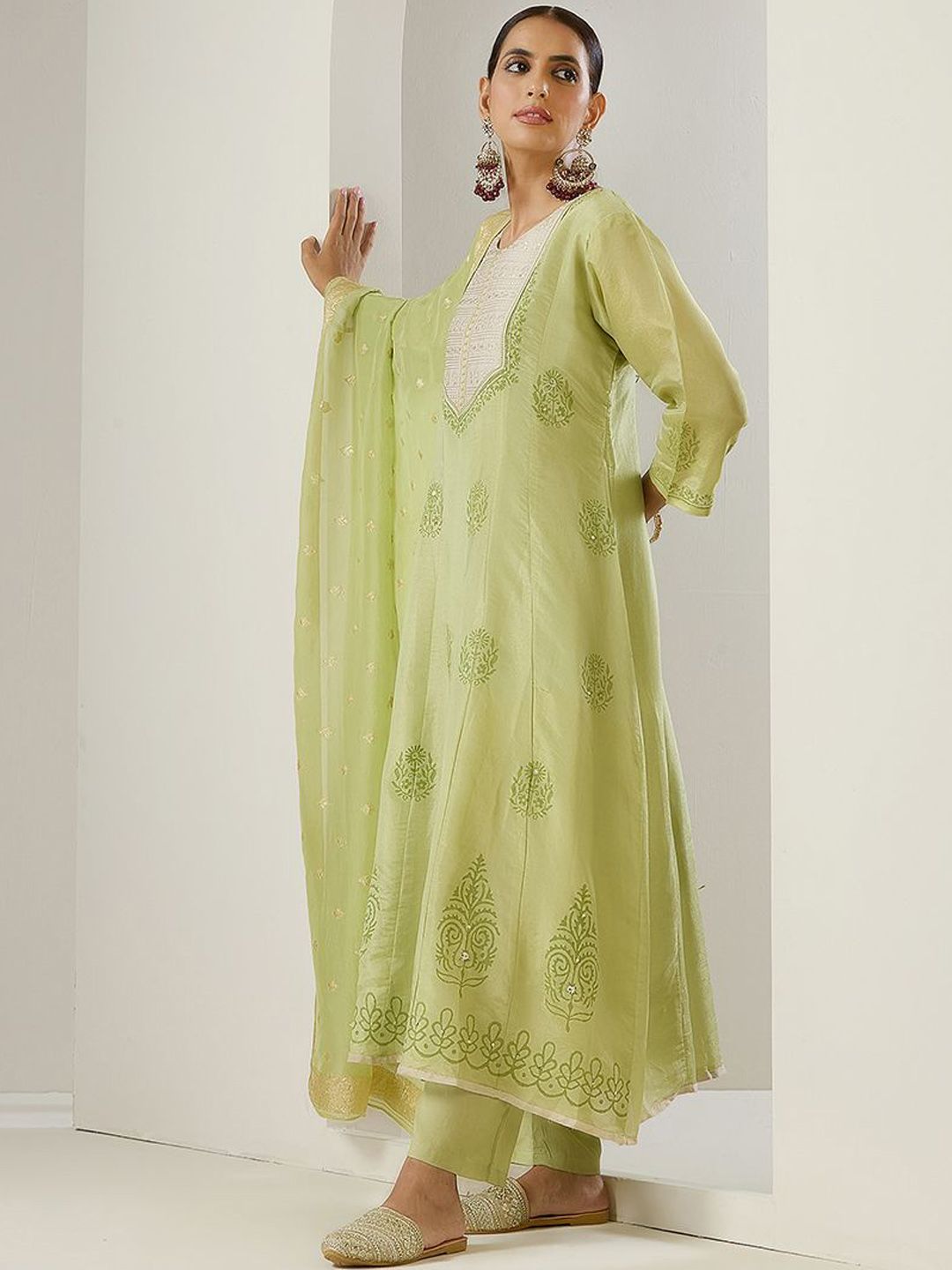 Dhiyona IS Women's Green Ethnic Motifs Embroidered Chanderi Silk Anarkali Kurta With Trousers & Dupatta