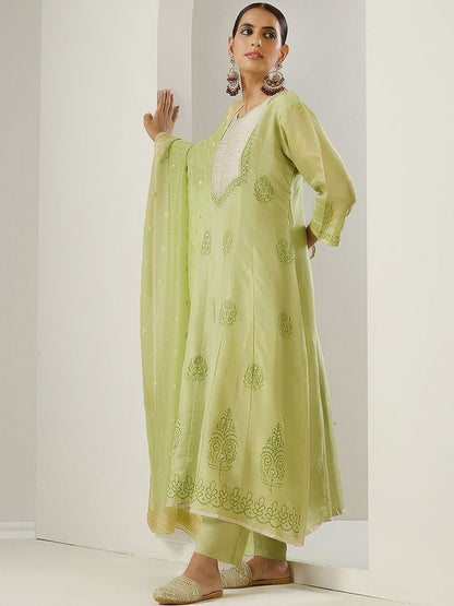 Dhiyona IS Women's Green Ethnic Motifs Embroidered Chanderi Silk Anarkali Kurta With Trousers & Dupatta
