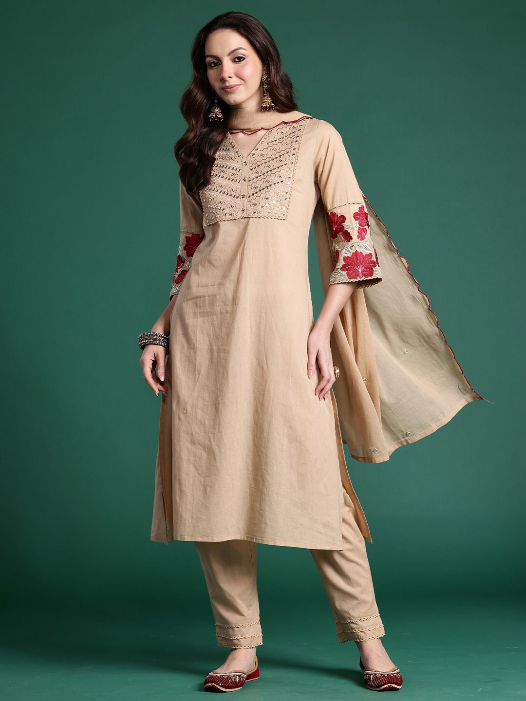 Women Floral Embroidered Cotton Kurta with Trousers & Dupatta