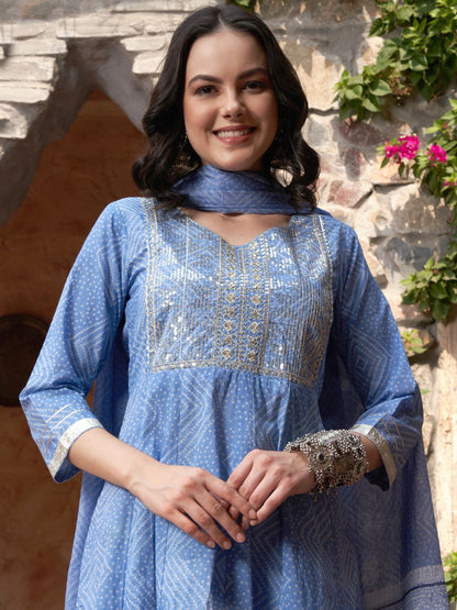 Dhiyona SN Women's Blue Bandhani Printed V Neck Pure Cotton Anarkali Kurta With Trouser And Dupatta