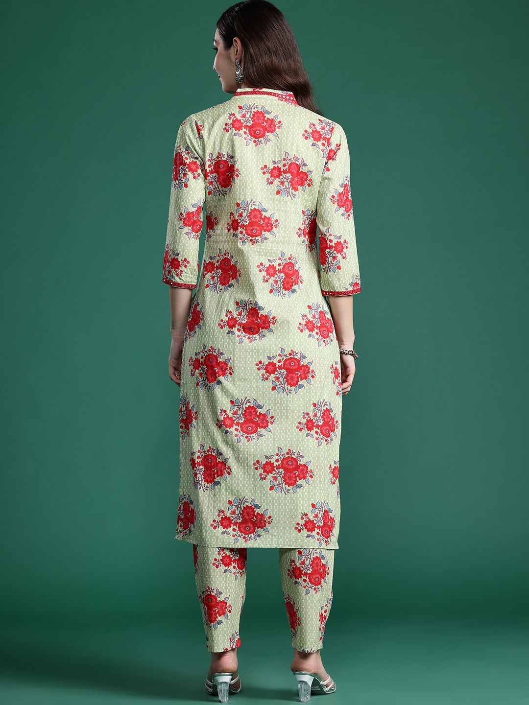 Dhiyona IE Floral Printed Mirror Work Pure Cotton Kurta with Trousers