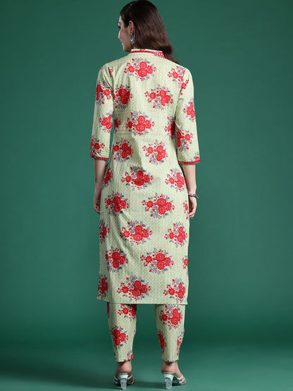 Dhiyona IE Floral Printed Mirror Work Pure Cotton Kurta with Trousers