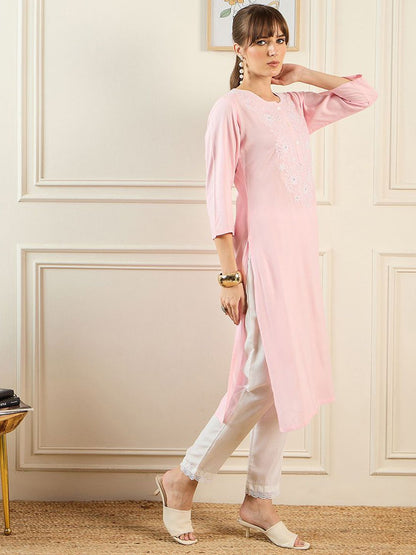 Dhiyona IE Floral Yoke Design Round Neck Thread Work Straight Kurta