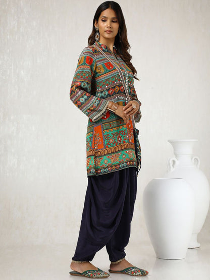 Dhiyona SO Women's Green Ethnic Motifs Printed Mirror Work Kurta With Dhoti Pants & Potli Bag