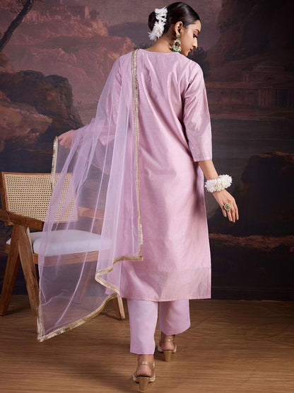Dhiyona PD Women Floral Woven Design Straight Kurta With Trousers & Dupatta