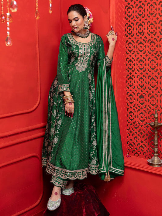 Dhiyona CH Women Ethnic Motifs Embroidered Pleated Kurta with Trousers & Dupatta