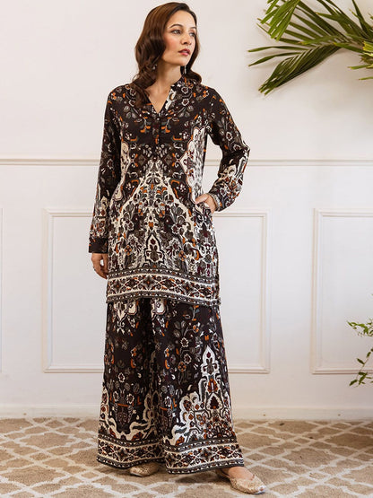 Dhiyona SN Women's Printed Mandarin Collar A-Line Kurta & Palazzo Kurta Set