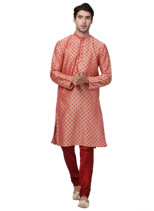 Men's Pink Cotton Blend Straight Kurta Pyjama Set