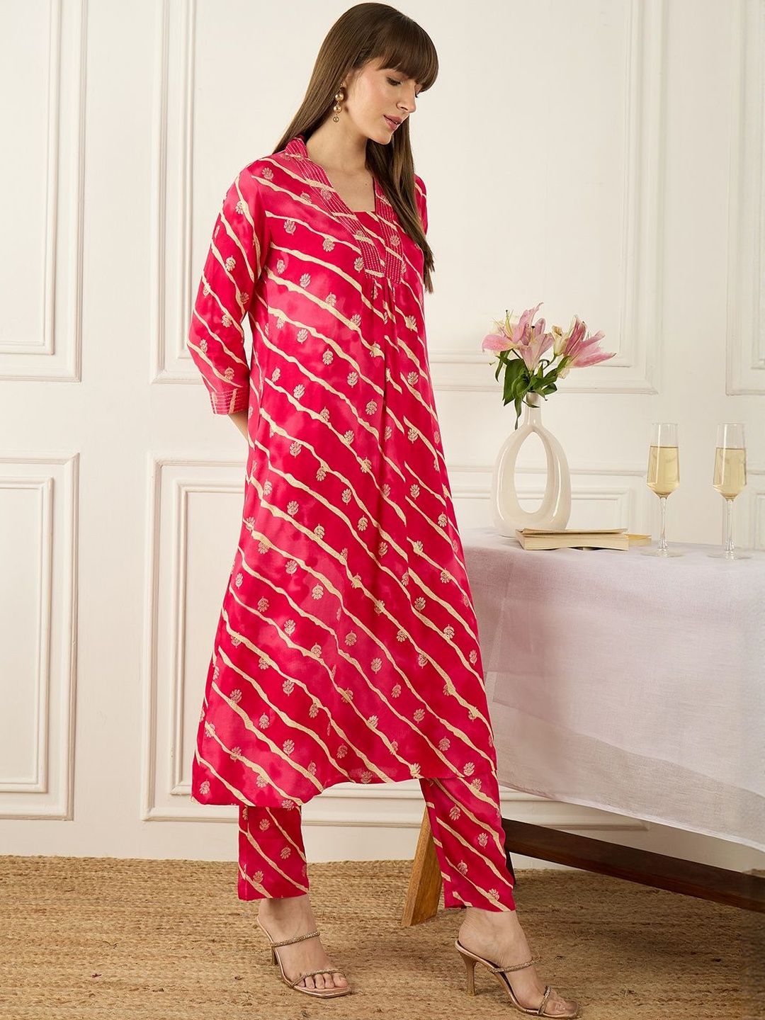 Floral Printed Thread Work Pure Cotton Kurta With Palazzos