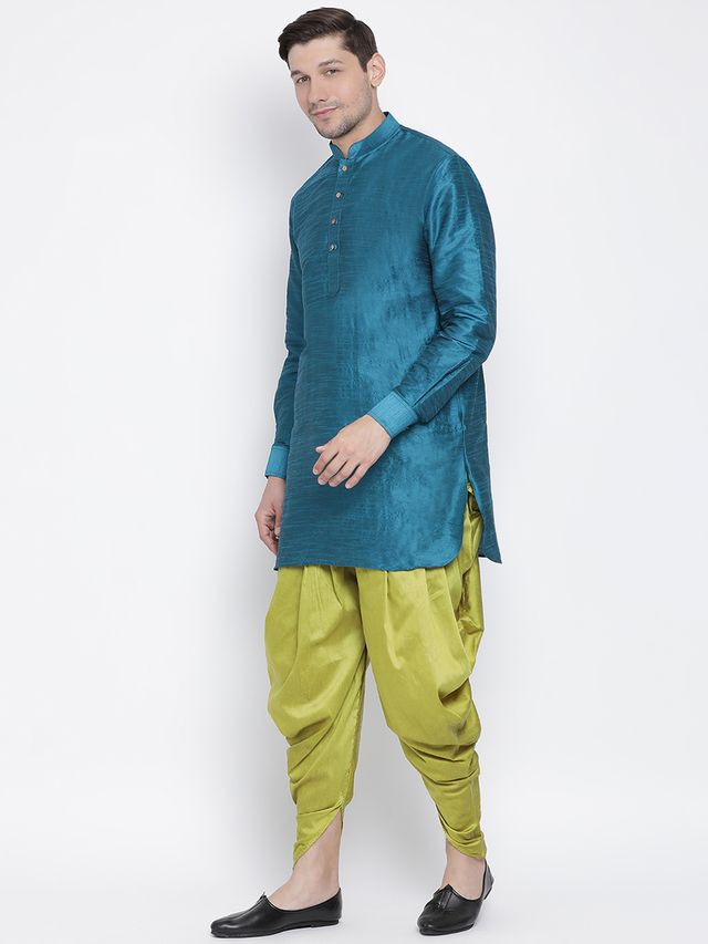 Men's Dark Green Silk Blend Pathani Kurta and Dhoti Set