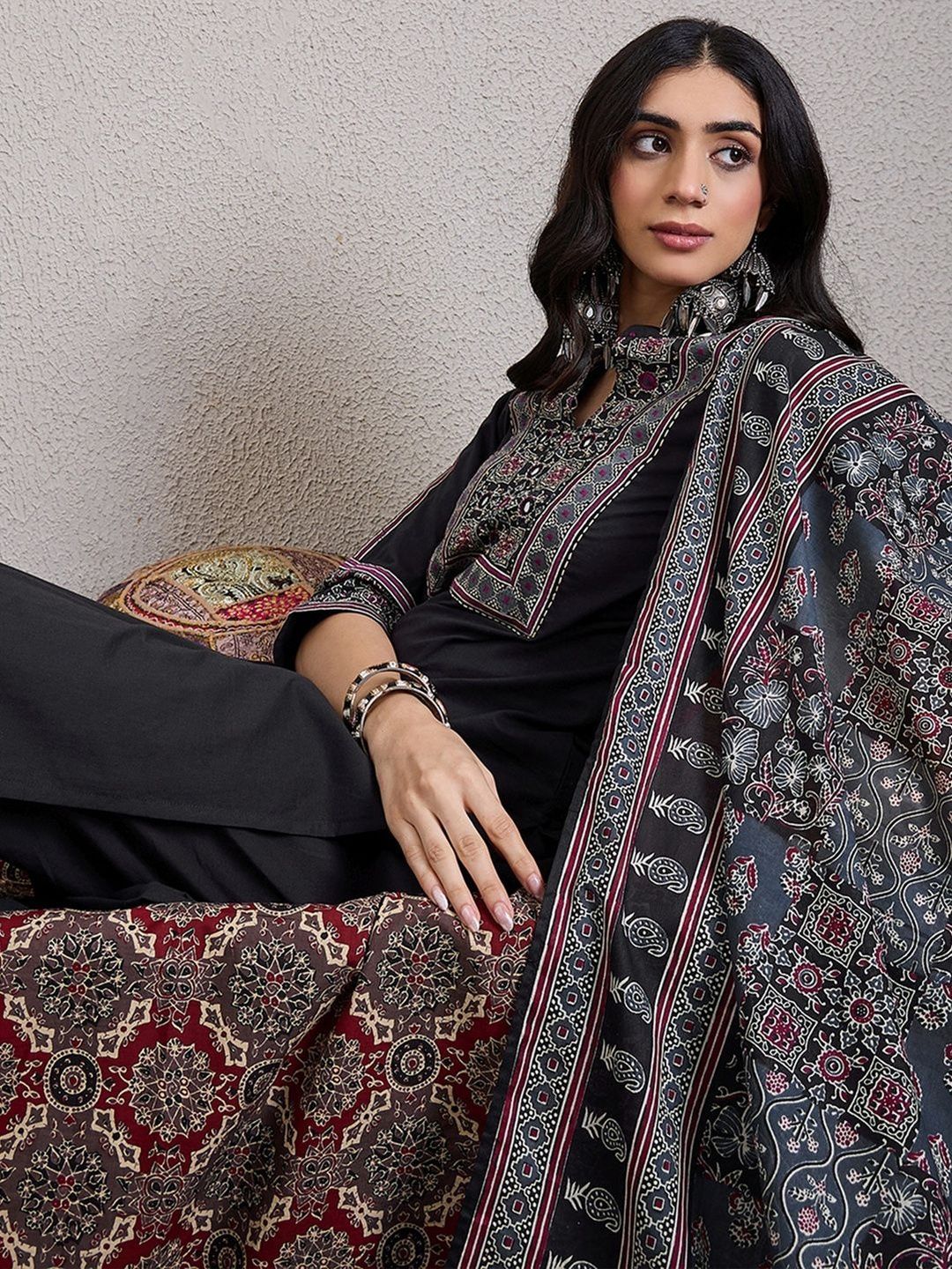 Ethnic Motifs Embroidered Mirror Work Pure Cotton Kurta With Trousers & Dupatta